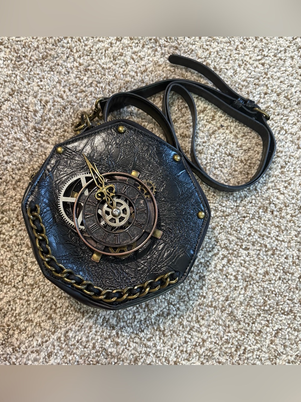 PU Leather Black Steampunk Gear Accent Octagonal Crossbody Bag